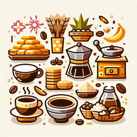 Coffee and sweets icons set. Vector illustration in flat styleのイラスト素材