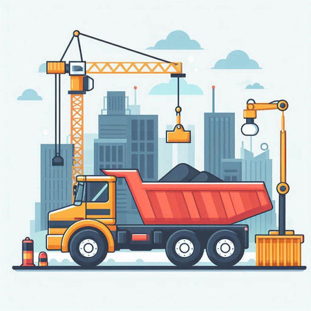 Dump truck with container and crane. Vector illustration in flat styleのイラスト素材