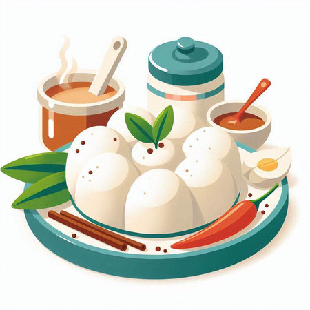 Illustration of dumplings on a plate with sauce and ingredientsのイラスト素材