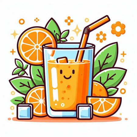 Orange smoothie in a glass with a straw and ice cubes. Vector illustration.のイラスト素材
