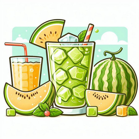 Illustration of a glass of melon smoothie with ice and mintのイラスト素材