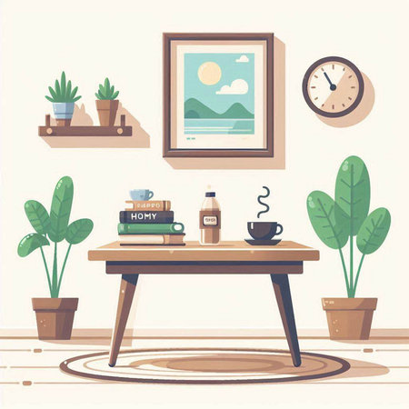 Interior of modern living room with furniture and plants. Vector illustration in flat styleのイラスト素材