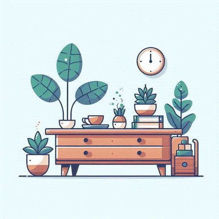 Vector illustration of a living room with furniture and plants. Flat style.のイラスト素材