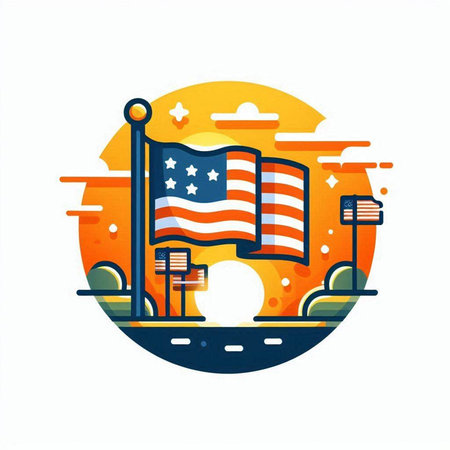 American flag on the background of the sunset. Flat vector illustration.のイラスト素材