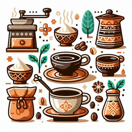 Coffee set. Hand drawn vector illustration in cartoon style.のイラスト素材