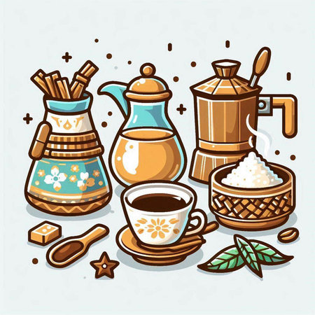 Coffee and tea set. Vector illustration in doodle style.のイラスト素材