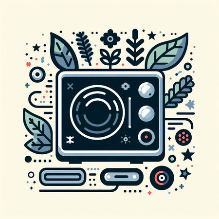 Vector illustration in flat linear style with turntable and floral elements.のイラスト素材