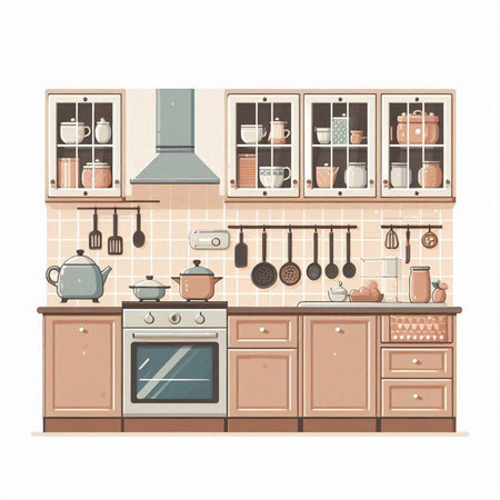 Kitchen interior. Vector illustration in flat style. Kitchen furniture.のイラスト素材