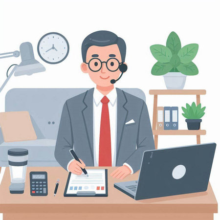 Businessman in a suit and glasses sitting at a table with a laptop and a cup of coffee. Vector illustrationのイラスト素材
