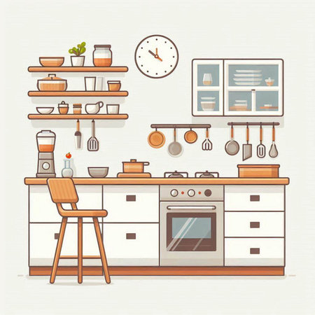 Kitchen interior with furniture. Vector illustration in flat cartoon style.のイラスト素材