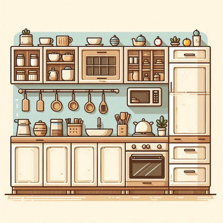 Kitchen interior. Vector illustration in flat style. Furniture for kitchen.のイラスト素材
