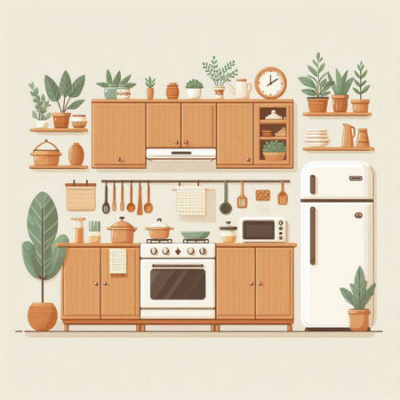 Kitchen interior with furniture and plants. Vector illustration in retro style.のイラスト素材