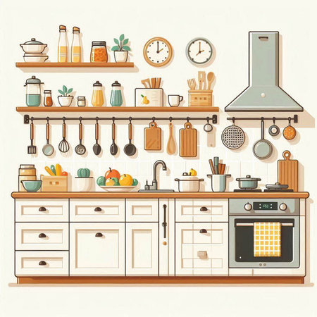 Kitchen interior with furniture and kitchenware. Vector illustration in retro style.のイラスト素材