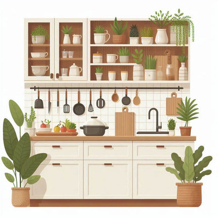 Kitchen interior with shelves, kitchenware and plants. Vector illustration.のイラスト素材