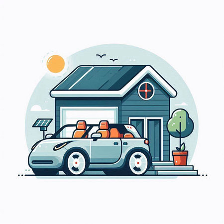 House with solar panel and car. Vector illustration in flat style.のイラスト素材