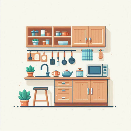 Kitchen interior design with furniture and kitchenware. Vector illustration.のイラスト素材