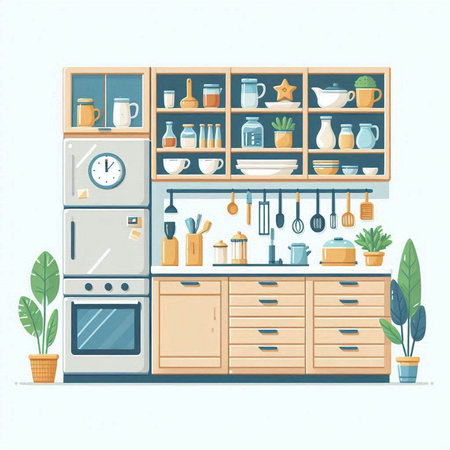 Kitchen interior with furniture. Vector illustration in a flat style.のイラスト素材