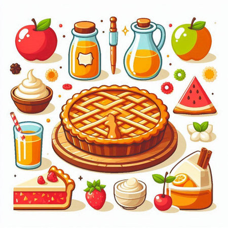 Vector illustration of apple pie with different fillings. Delicious dessert in cartoon style.のイラスト素材