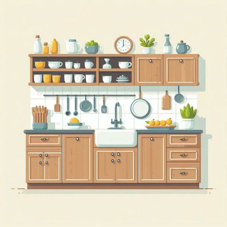 Kitchen interior with furniture and equipment. Vector illustration in retro style.のイラスト素材