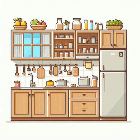 Kitchen interior with furniture and equipment. Vector illustration in cartoon style.のイラスト素材