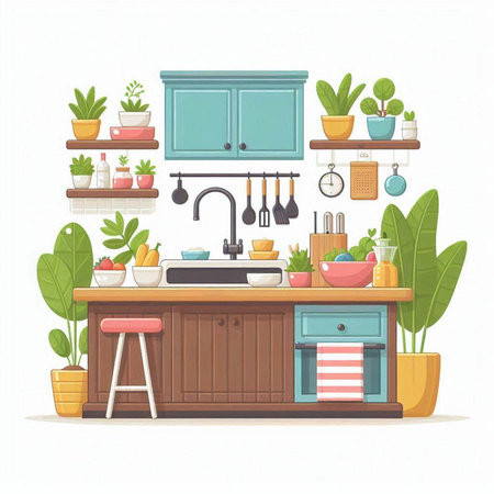 Kitchen interior with furniture and plants. Flat style vector illustration.のイラスト素材
