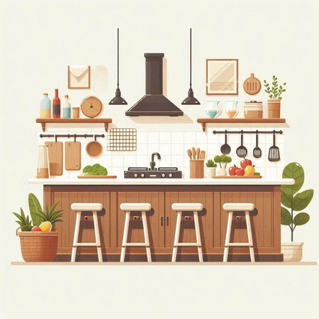 Kitchen interior with furniture and equipment. Vector illustration in retro styleのイラスト素材