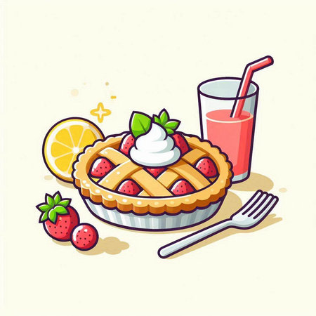 Illustration of a Strawberry Pie with whipped cream and a glass of juiceのイラスト素材