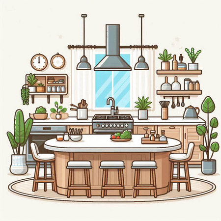 Kitchen interior with furniture and equipment. Vector illustration in flat styleのイラスト素材