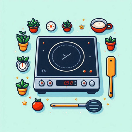 Vector illustration of a turntable with vegetables and utensilsのイラスト素材