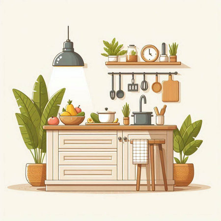 Kitchen interior with furniture and plants. Vector illustration in flat styleのイラスト素材