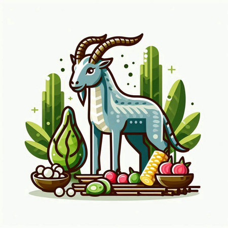 Vector illustration of goat and food in flat style. Isolated on white background.のイラスト素材