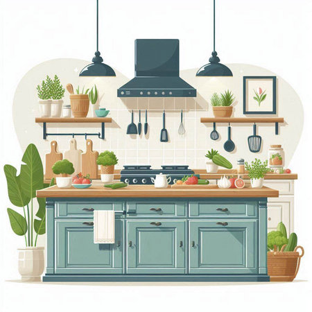 Kitchen interior with furniture and equipment. Vector illustration in flat styleのイラスト素材