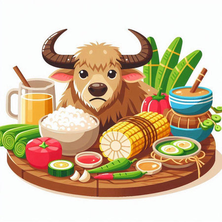 Illustration of a Cute Buffalo with Vegetables and Drinksのイラスト素材
