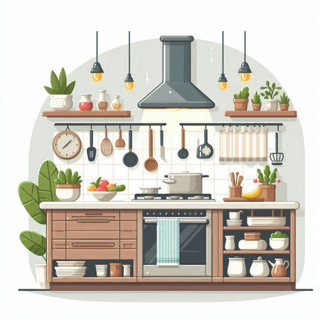 Kitchen interior. Flat style vector illustration. Cartoon kitchen furniture.のイラスト素材