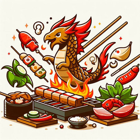Illustration of a dragon on a grill with chopsticks and vegetablesのイラスト素材