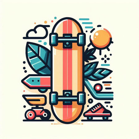 Skateboard flat color line icon. Modern vector illustration. Isolated on white background.のイラスト素材