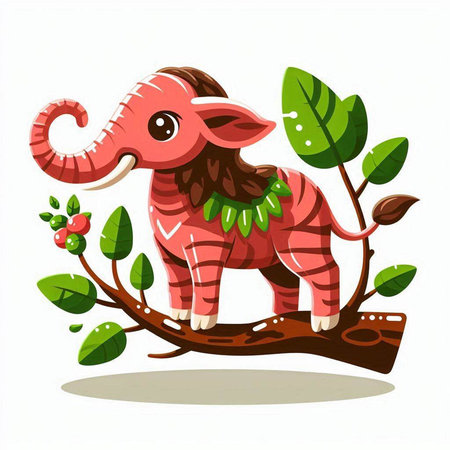 Vector illustration of a cute cartoon elephant on a tree branch with leavesのイラスト素材
