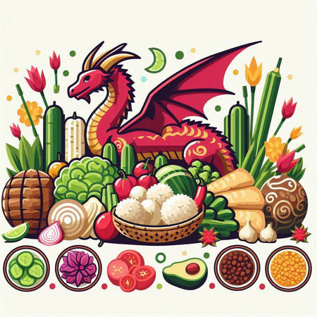 Vector illustration of Chinese food with dragon, rice, vegetables, fruits and spices.のイラスト素材