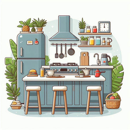 Kitchen interior with furniture and equipment. Vector illustration in cartoon style.のイラスト素材