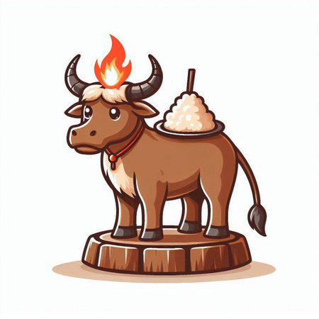 Funny cartoon cow with fire on white background. Vector illustration.のイラスト素材
