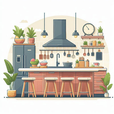 Kitchen interior with furniture and accessories. Flat style vector illustration.のイラスト素材
