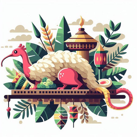 Vector illustration of a dragon on a wooden platform in the jungle.のイラスト素材