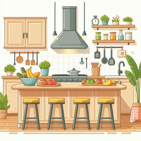 Kitchen interior with furniture and equipment. Vector illustration in cartoon styleのイラスト素材