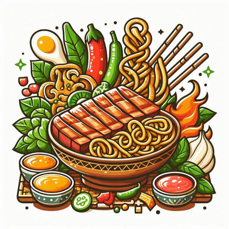 Ramen japanese food vector illustration. Noodles in bowl with chopsticks, kimchi, soy sauce, pickled cucumber, onion, pepper, kimchi and kimchiのイラスト素材