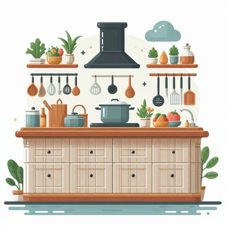Kitchen interior with furniture and kitchenware. Flat vector illustration.のイラスト素材