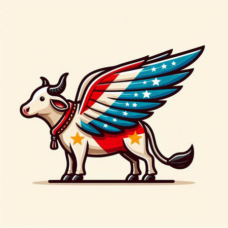 Cow with American flag in the form of wings. Vector illustration.のイラスト素材