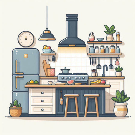 Kitchen interior with furniture and equipment. Vector illustration in flat styleのイラスト素材