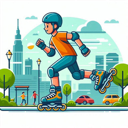 Roller skating on the city street. Vector illustration in flat styleのイラスト素材