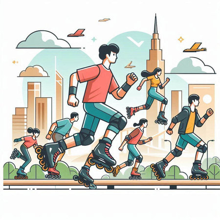 People rollerblading in the city. Vector illustration in cartoon style.のイラスト素材