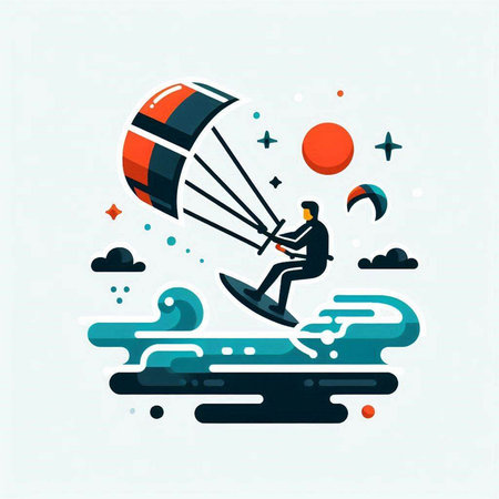 Kitesurfing, extreme sport, vector illustration in flat linear styleのイラスト素材